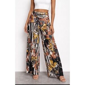 Uptown USA Boho Stretch Palazzo Pants High Waist Wide Leg Multi Color Raw Hem M